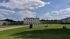 The Queen's House (centre left) at Greenwich, with the Royal Observatory on the skyline behind (2017)