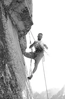 Royal Robbins leading the third pitch of the Salathé Wall on El Capitan in Yosemite Valley.