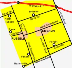 Map of Russell Township with Russell village on the left