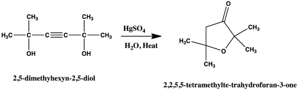 Conversion of 2,5-dimethyhexyn-2,5-diol to 2,2,5,5-tetramethylte-trahydrofuran-3-one