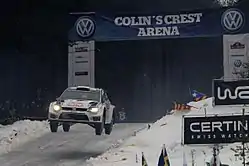 Sébastien Ogier and Julien Ingrassia driving a Volkswagen Polo R WRC at Colin's Crest Arena during 2014 Rally Sweden.