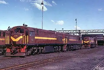 No. 34-435 in SAR Gulf Red and whiskers livery and without saddle filters at Millsite, Krugersdorp, c. March 1982