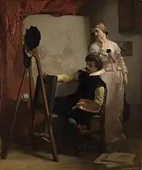 Painter behind his easel shows a painting to a girl (1852) by Florent Joseph Marie Willems