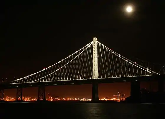 The bridge's new eastern span is best viewed from near the marina