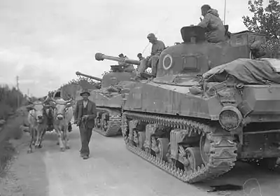 Convoy of Sherman Firefly tanks seen from behind