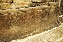 The foundation stone, laid in 1602, under the front wall (i.e. the Archway) of St. Paul’s Church. The inscription "VIRGINI MAGNÆ MATRI CIVITAS MACAENSIS LIBENS POSVIT·AN·1602", which can be interpreted as: "The City of Macau built this Church in honour of the Great Virgin Mother in the year 1602".