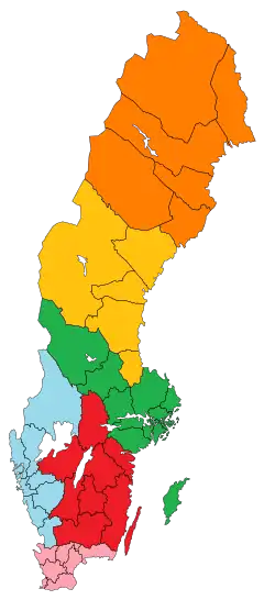 Clickable image map showing the geographic boundaries of district courts in Sweden.