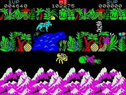 Atop a black background, dense and bright plant foliage mark borders around two horizontal paths. In the top path, drawn in black (negative) space, a blue wolf faces a pith-helmeted person drawn in white (Sabreman). In the bottom row, a yellow spider, approaches a blob of graphical collisions. Bordering the bottom of the screenshot are purple and white mountains, and atop the screen are "1UP", "2UP", and "HI" with numbers indicating the players' and high scores.