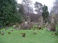 Photo of a cemetery and a ruined stone church