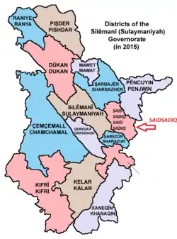 Districts of the Sulaymaniyah Governorate, with Saidsadiq indicated