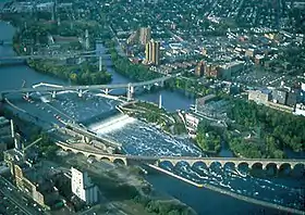 Aerial view of the Stone Arch Bridge below one of the dams that replaced the Saint Anthony Falls