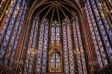 Stained glass windows of the Sainte-Chapelle in Paris, completed in 1248, mostly constructed between 1194 and 1220 in the Gothic style