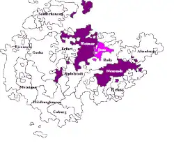      Saxe-Weimar, shown within the other Ernestine duchies and      Saxe-Jena, joined to Saxe-Weimar in 1690