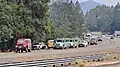 Various engines parked along I-5 fighting the Salt Fire on July 5, 2021