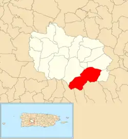 Location of Saltillo barrio within the municipality of Adjuntas shown in red