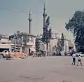 A photograph from the years when the earthquake-damaged clock tower was completely destroyed. There is a small clock pole at the point where the tower is located.