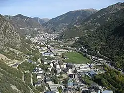 Santa Coloma and the Gran Valira river (right) as seen from a nearby mountain