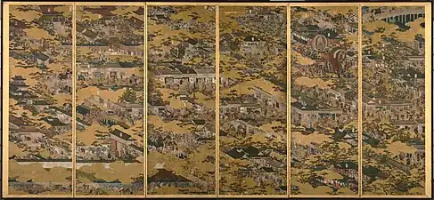 Left panel of the Rakuchu Rakugai Zu Byōbu (Funaki Version). National Treasure.