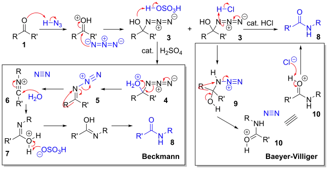 Two proposed reaction mechanisms for the amide formation from a ketone via Schmidt reaction.