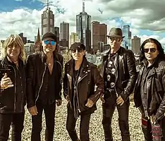 Scorpions in Melbourne, Australia in 2016 during the 50th Anniversary World Tour.(from left to right) Mikkey Dee, Matthias Jabs, Klaus Meine, Rudolf Schenker and Pawel Maciwoda.