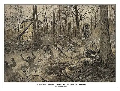 illustration of Marines chasing German soldiers through a forest shattered by artillery, one Marine centered is stabbing a German through the chest with a bayonet