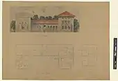 Scroll and Key Hall; New Haven, Connecticut (Yale senior society building).  This is a proposed plan of ca. 1867.  Only far left structure was built.