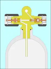 Cut-away section through a scuba cylinder valve mounted in a cylinder, showing the air passages and working parts, including the open main valve and the spring-loaded reserve mechanism in the closed position.