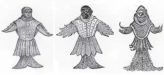 #1 (c. 1546)Three further 16th century depictions of the "sea monk of the Øresund", possibly a giant squid or an angelshark (Squatina squatina), from the works of (left to right): Stefan Hamer (1546:[1], fig.), Conrad Lycosthenes (1557:609, fig.), and Johannes Sluperius (1572:105, fig.), as collected in Paxton & Holland (2005:41, fig. 1).