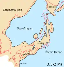 Japanese archipelago, Sea of Japan and surrounding part of continental East Asia in Middle Pliocene to Late Pliocene (3.5–2 Ma)