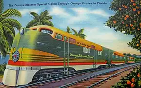 Postcard for Seaboard Air Line Railroad's Orange Blossom Special that travelled between New York City and Miami. Touted as "all electric" it used diesel engine power beginning in 1938