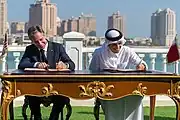 Secretary Blinken with Qatari Deputy Prime Minister and Foreign Minister Mohammed bin Abdulrahman Al Thani in Doha, Qatar, November 2022