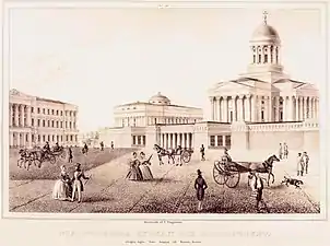 Lithograph of the church from 1838, before the side buildings were constructed. The guard building in front of the cathedral was demolished in the 1840s and replaced with the large steps.