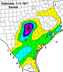 Colored map of rainfall totals as represented by filled contours