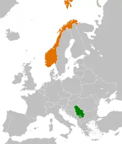 Map indicating locations of Serbia and Norway