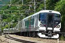 A 9-car set on a Kaiji service, with a gangwayed KuHa E257-100 car leading