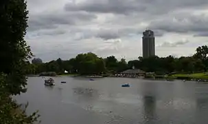 The Serpentine in a rainstorm, looking southeast towards Hyde Park Barracks