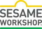 Logo for Sesame Workshop, created in 2018 simultaneously. Features the words "SESAME WORKSHOP" (all-caps) in gray inside border lines of yellow on the top and green on the bottom that together form a shape similar to the "Sesame Street" sign.