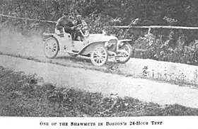 Arthur Ayers driving the 1907 Shawmut Model A Roadster in the Bay State Endurance Run. Perfect score on the first day, but later got stuck in sand.