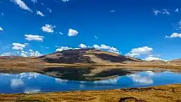 A lake in high-altitude area with sparse vegetation