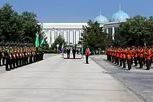 A welcoming ceremony for Sergey Shoigu at the Turkmen defense ministry. Notice the band in their orange tunics on the right.