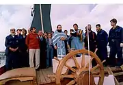 The ceremony of the baptism on the aft deck