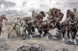 A painting depicting two soldiers attempting to lash a gun carriage to a horse team, which also includes mounted soldiers.