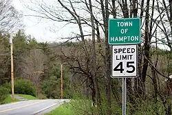 A sign for the town of Hampton on Washington County Highway 18, New York.