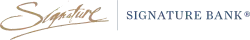 The stylized lettering "Signature" in a flowing script with gold underline, next to a dividing line and the words "Signature Bank®", all caps, in a serif in blue.