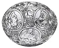 Bactrian types on a silver gilt bowl, 6th c. CE. British Museum.