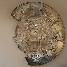 Possible Kushano-Sasanian plate, excavated in Rawalpindi, Pakistan, 350–400 AD. British Museum 124093.