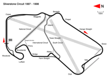 1997 to 1998: Major redesign to Copse, Priory, Brooklands and Luffield, resulting in a faster track. Classic circuit created with extra route at Club. Nearly all old track and runway close to the current circuit was dug up or demolished at this time. Track length: 5.140 km. Lap record: Jacques Villeneuve, Williams-Renault, 1:21.598 (1997 British Grand Prix).