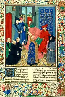 Philip the Good with Chancellor Rolin and the future Charles the Bold accepts the Grandes Chroniques de France from Guillaume Fillastre on January 1, 1457.  By Simon Marmion, probably the figure at left.