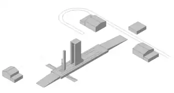 An axonometric sketch of the Main Launch Platform, left to right:  - fuel tank (piped drains)  - launch ramp with Simorgh  - auxiliary service facilities.