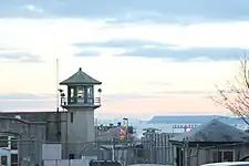 Guard tower in 2014. The Hudson River and the original Tappan Zee Bridge are in the background.